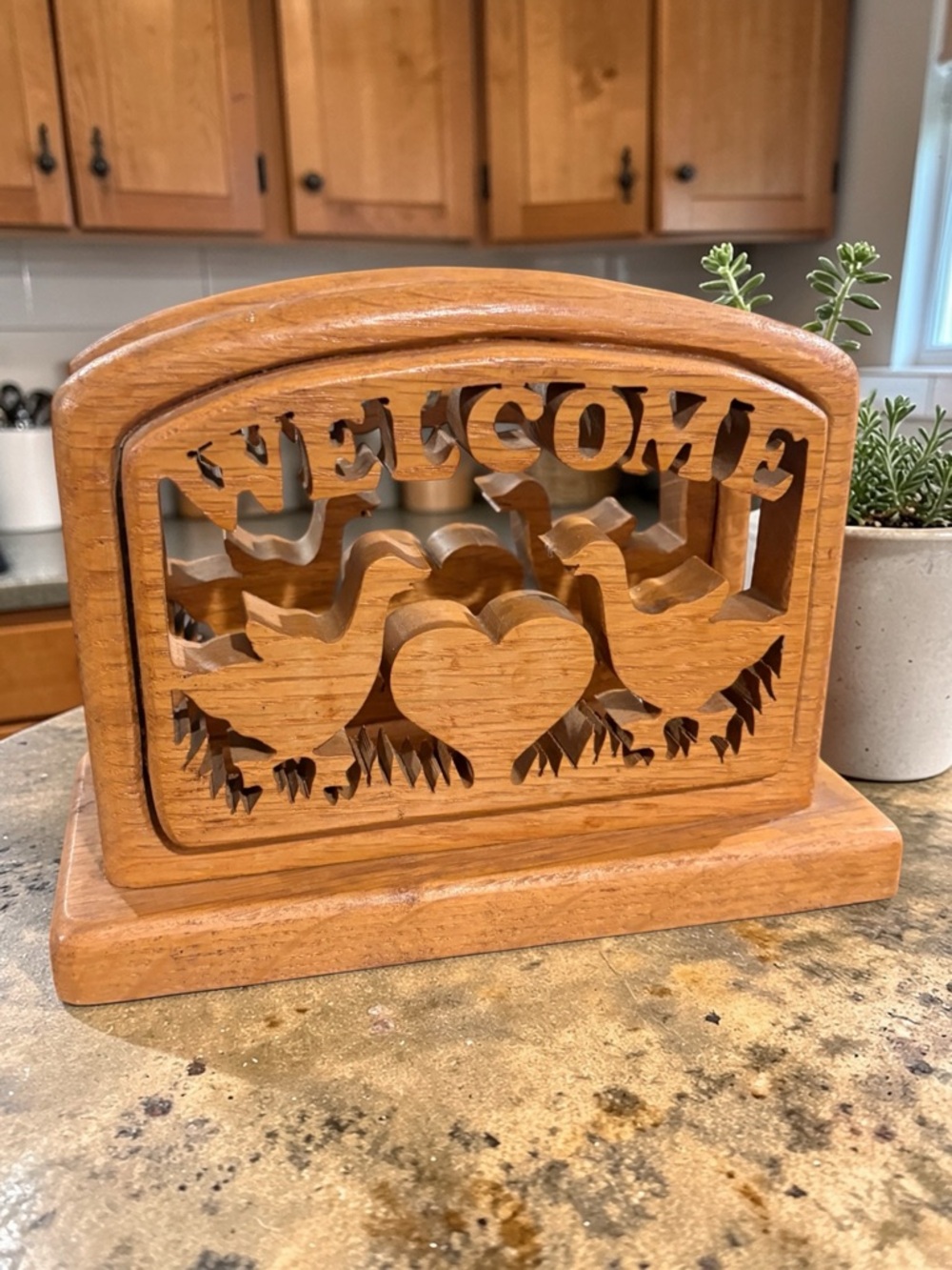Vintage 1975 Solid Wood Die Cut Goose Welcome Napkin Recipe Mail Book Holder